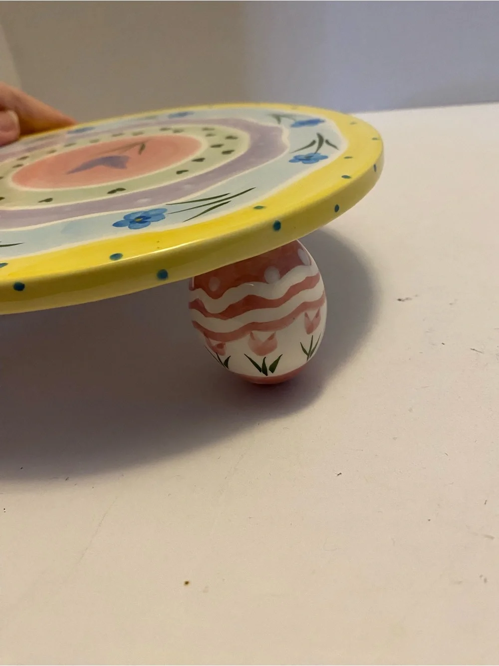 Cake Stand Ceramic Hand Painted Whimsical 8” Flowers Inc. Easter Egg Legs